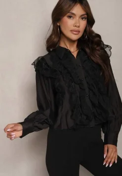 Czarna Koszula z Wiskozy Ozdobiona Transparentną Siateczką Slarria