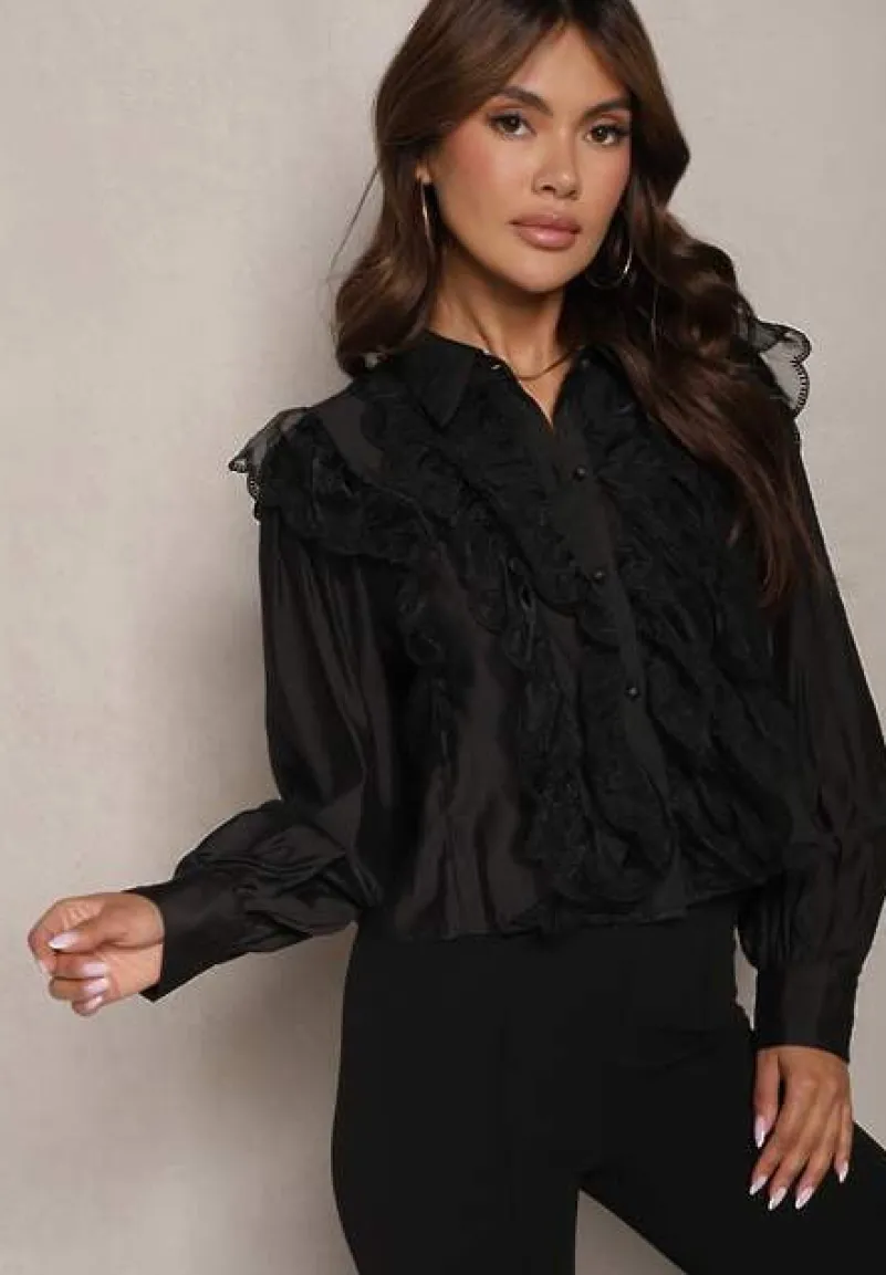 Czarna Koszula z Wiskozy Ozdobiona Transparentną Siateczką Slarria