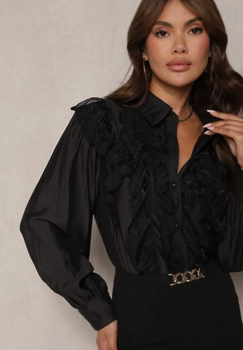 Czarna Koszula z Wiskozy Ozdobiona Transparentną Siateczką Slarria