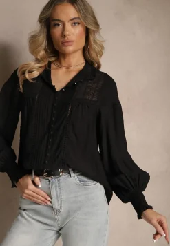 Czarna Koszula z Wiskozy Koronkowa ze Ściągaczami na Rękawach Walisna