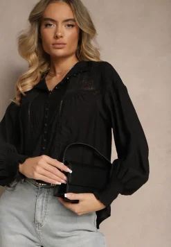 Czarna Koszula z Wiskozy Koronkowa ze Ściągaczami na Rękawach Walisna