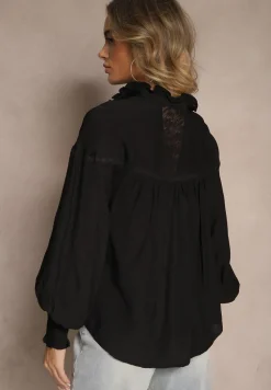 Czarna Koszula z Wiskozy Koronkowa ze Ściągaczami na Rękawach Walisna
