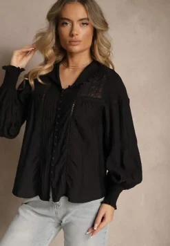 Czarna Koszula z Wiskozy Koronkowa ze Ściągaczami na Rękawach Walisna
