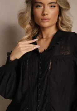 Czarna Koszula z Wiskozy Koronkowa ze Ściągaczami na Rękawach Walisna