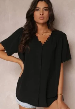 Czarna Koszula Zapinana na Guziki z Ozdobną Koronką Willona