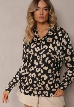 Czarna Koszula Zapinana w Cętki Cenin
