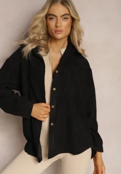 Czarna Koszula ze Sztruksowego Materiału na Guziczki Rhiawen