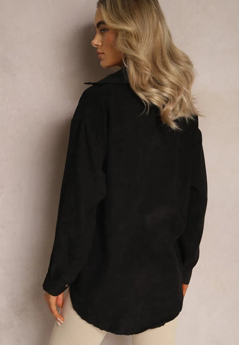 Czarna Koszula ze Sztruksowego Materiału na Guziczki Rhiawen