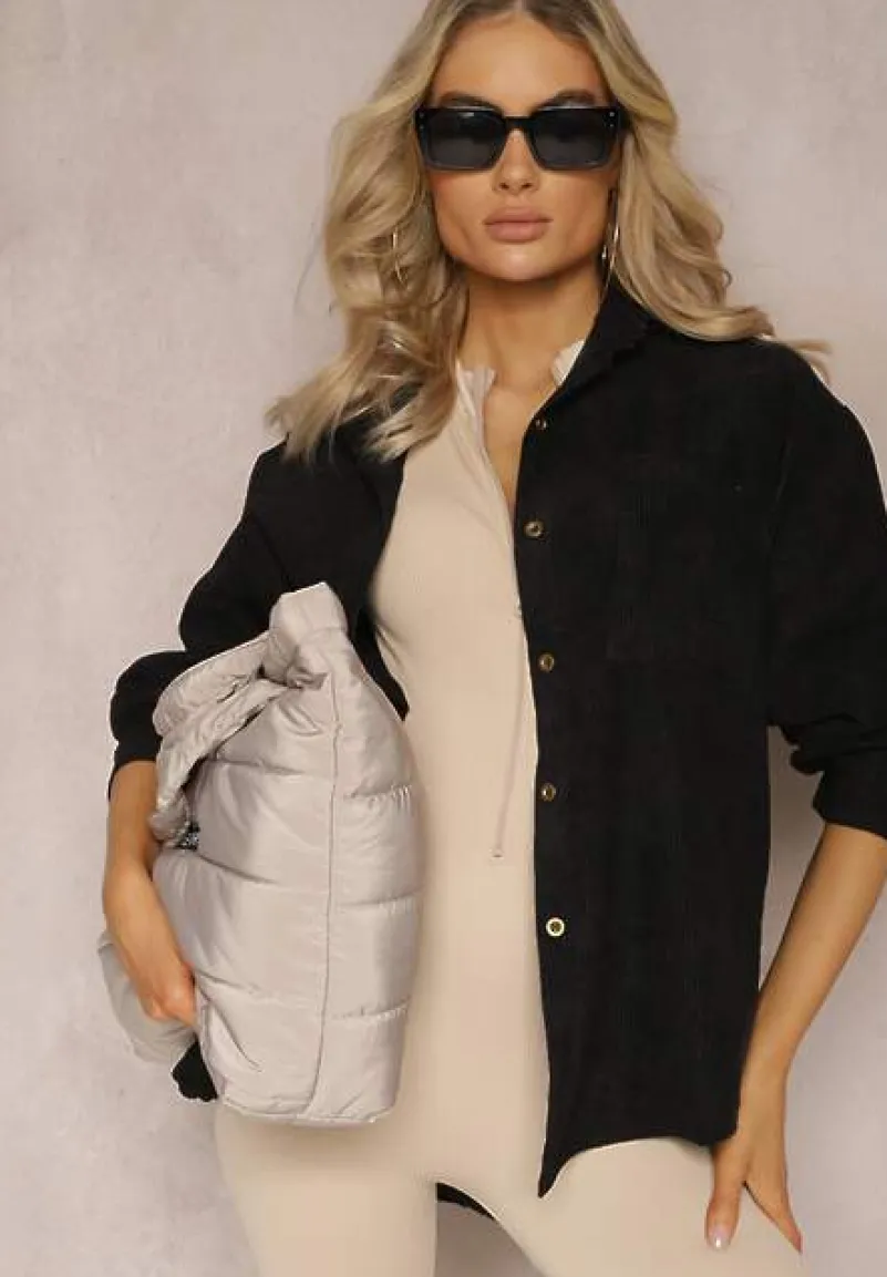 Czarna Koszula ze Sztruksowego Materiału na Guziczki Rhiawen