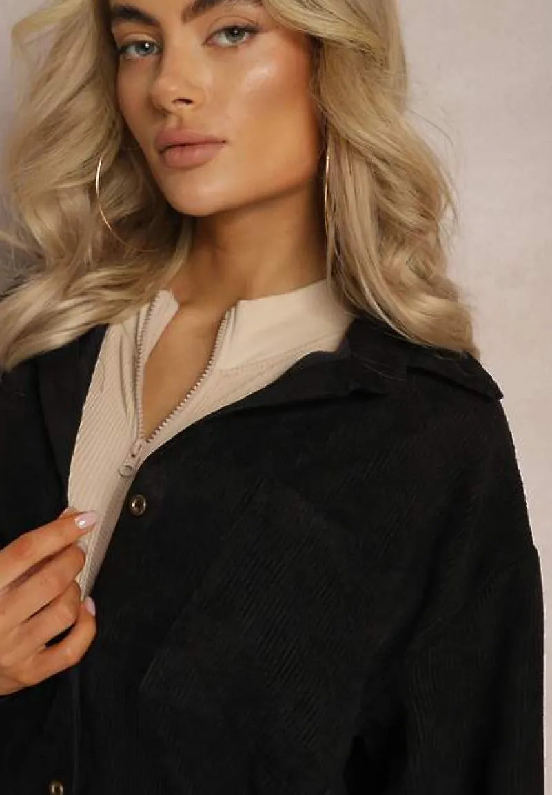 Czarna Koszula ze Sztruksowego Materiału na Guziczki Rhiawen