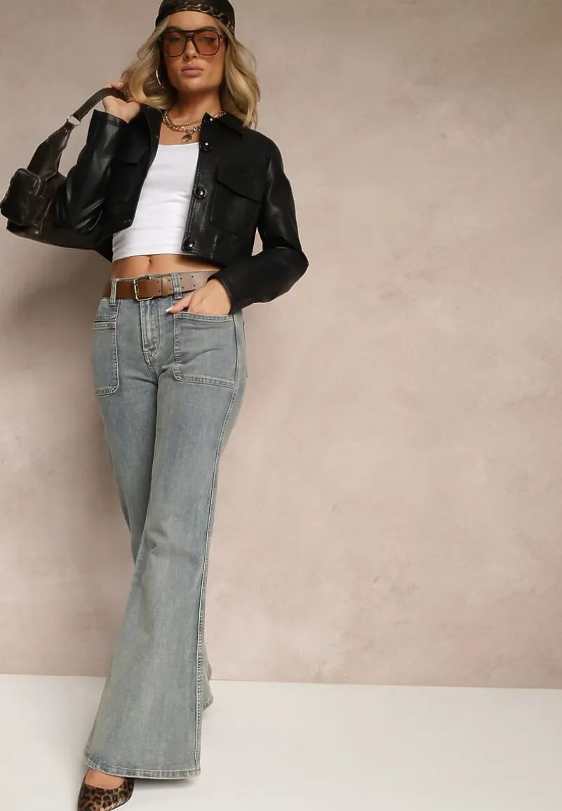 Czarna Koszulowa Kurtka z Ekoskóry o Krótkim Kroju z Kieszeniami Sesadoris