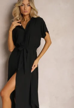 Czarna Koszulowa Sukienka z Wiskozy z Materiałowym Paskiem w Talii Gialara