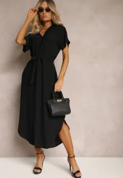 Czarna Koszulowa Sukienka z Wiskozy z Materiałowym Paskiem w Talii Gialara