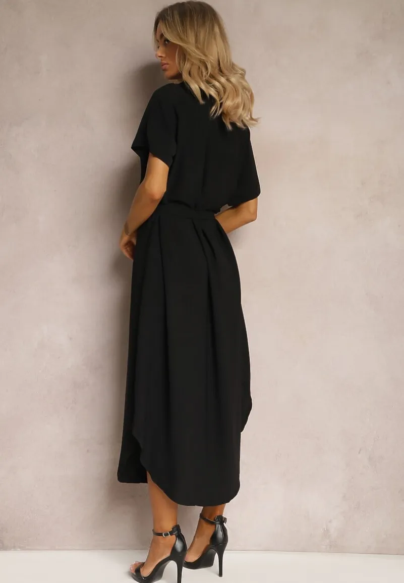 Czarna Koszulowa Sukienka z Wiskozy z Materiałowym Paskiem w Talii Gialara