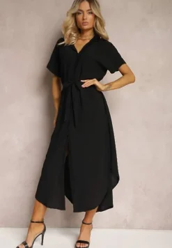 Czarna Koszulowa Sukienka z Wiskozy z Materiałowym Paskiem w Talii Gialara