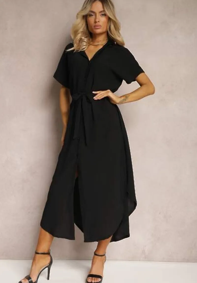 Czarna Koszulowa Sukienka z Wiskozy z Materiałowym Paskiem w Talii Gialara