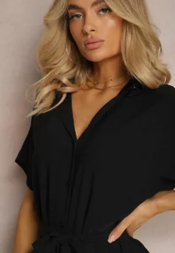 Czarna Koszulowa Sukienka z Wiskozy z Materiałowym Paskiem w Talii Gialara