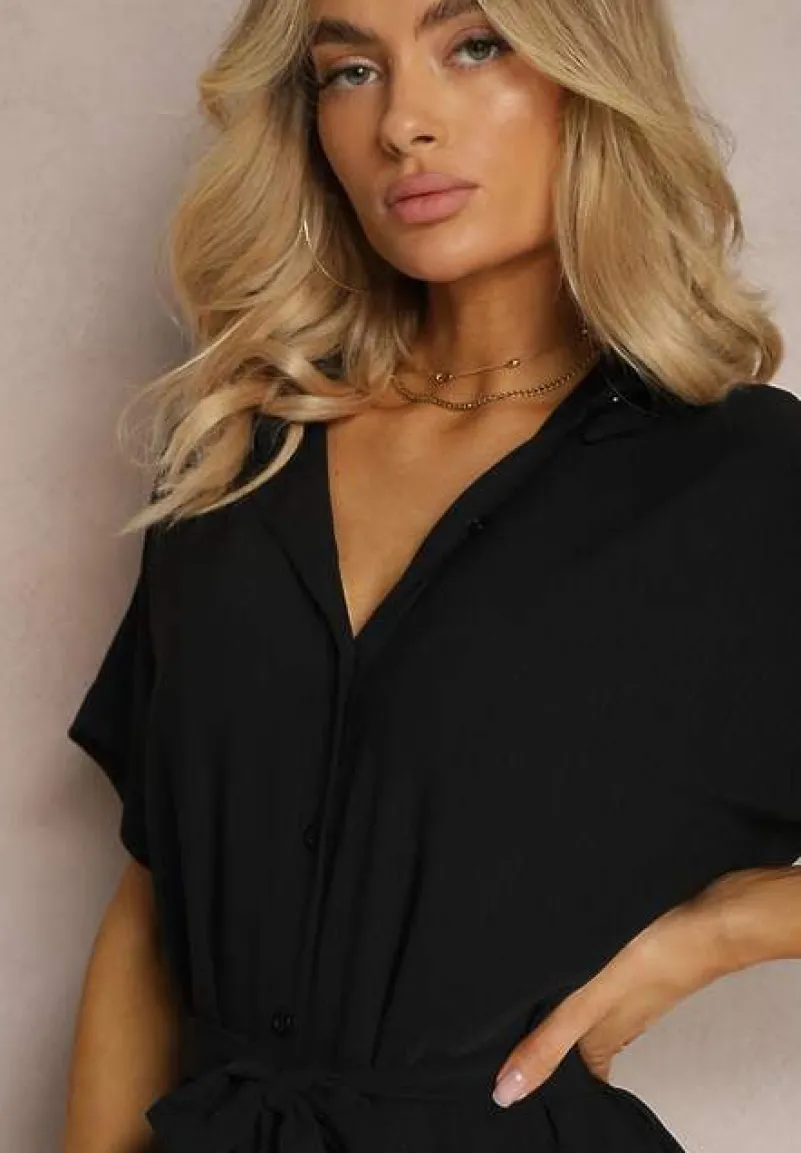 Czarna Koszulowa Sukienka z Wiskozy z Materiałowym Paskiem w Talii Gialara