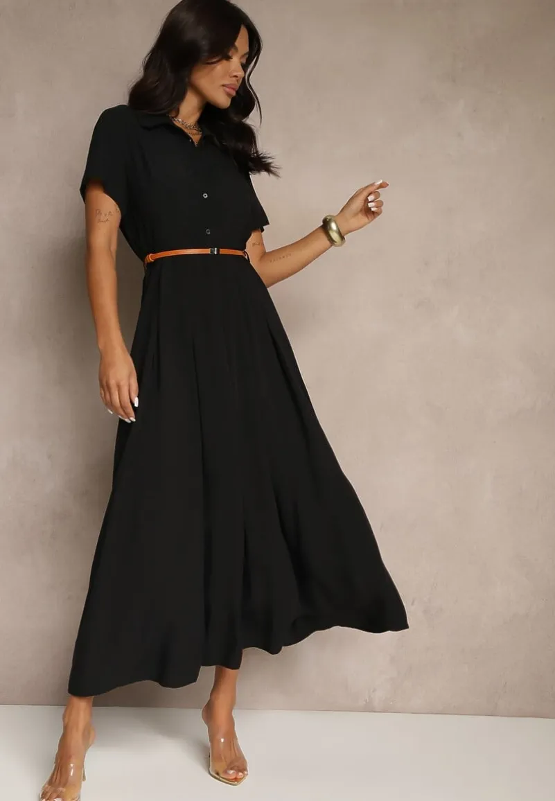 Czarna Koszulowa Sukienka z Wiskozy z Cienkim Paskiem Filanella