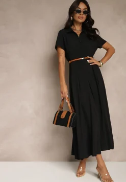 Czarna Koszulowa Sukienka z Wiskozy z Cienkim Paskiem Filanella