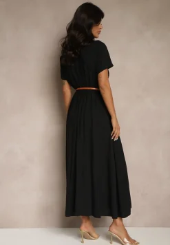 Czarna Koszulowa Sukienka z Wiskozy z Cienkim Paskiem Filanella