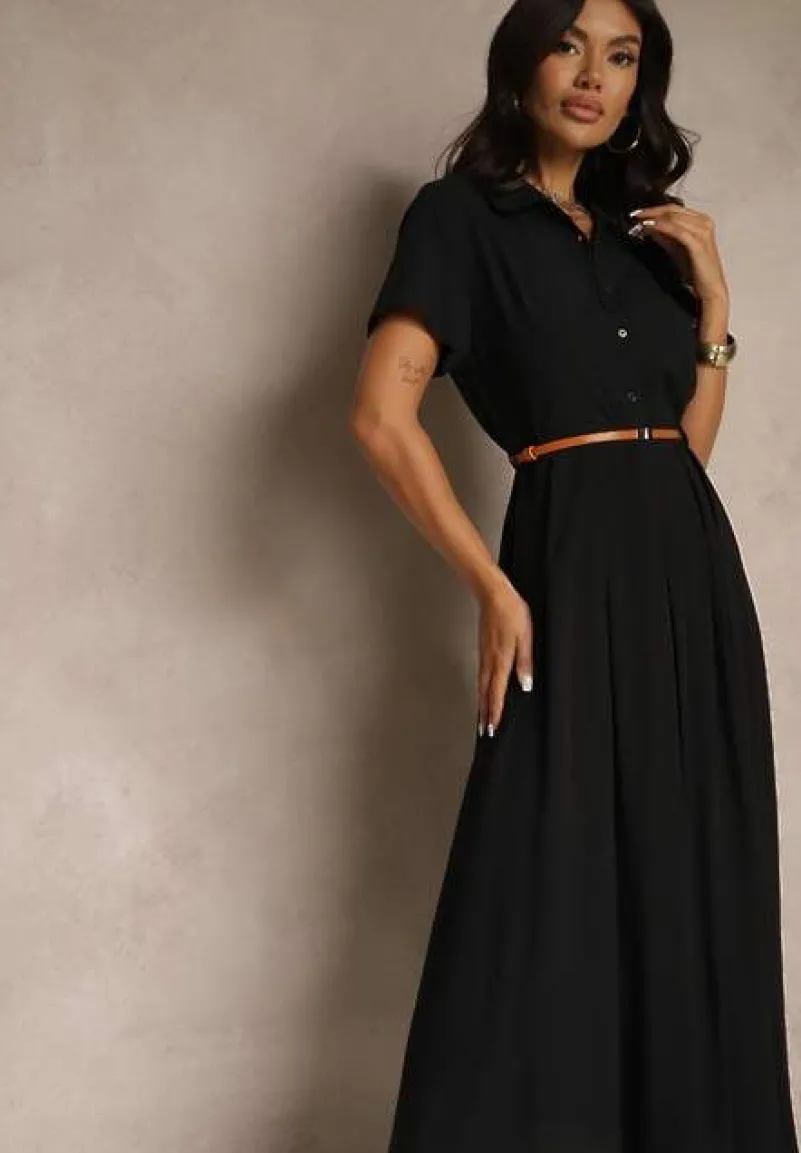 Czarna Koszulowa Sukienka z Wiskozy z Cienkim Paskiem Filanella