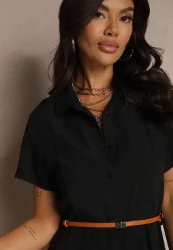 Czarna Koszulowa Sukienka z Wiskozy z Cienkim Paskiem Filanella