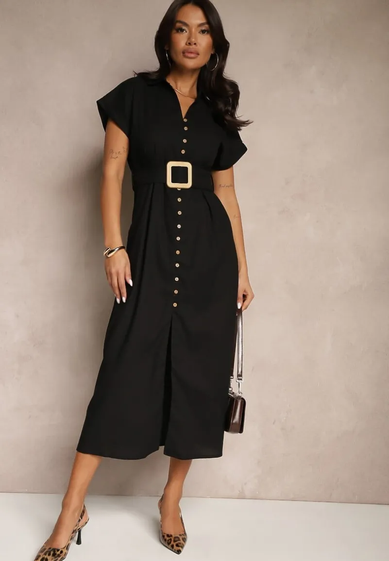 Czarna Koszulowa Sukienka z Bawełny na Krótki Rękaw z Materiałowym Paskiem Celirna