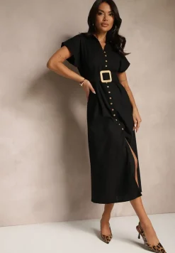 Czarna Koszulowa Sukienka z Bawełny na Krótki Rękaw z Materiałowym Paskiem Celirna