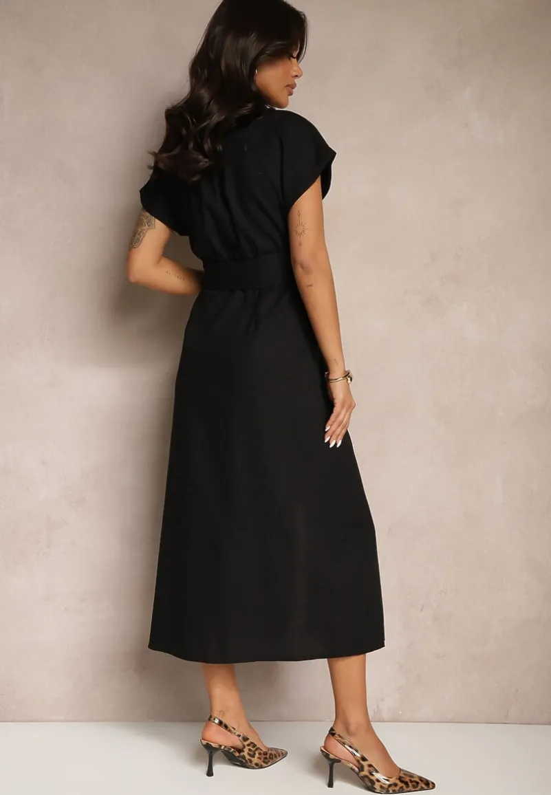 Czarna Koszulowa Sukienka z Bawełny na Krótki Rękaw z Materiałowym Paskiem Celirna