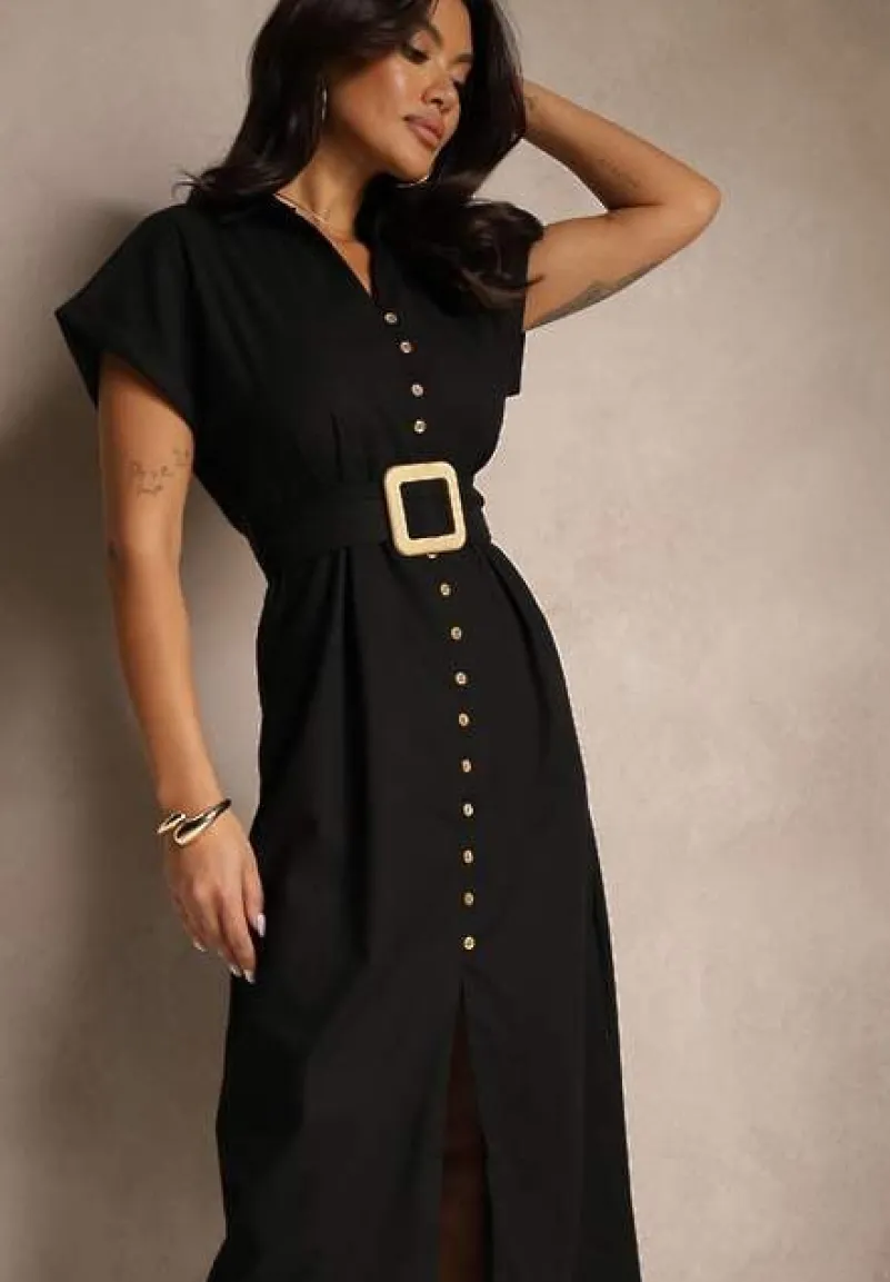 Czarna Koszulowa Sukienka z Bawełny na Krótki Rękaw z Materiałowym Paskiem Celirna