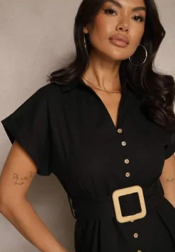 Czarna Koszulowa Sukienka z Bawełny na Krótki Rękaw z Materiałowym Paskiem Celirna