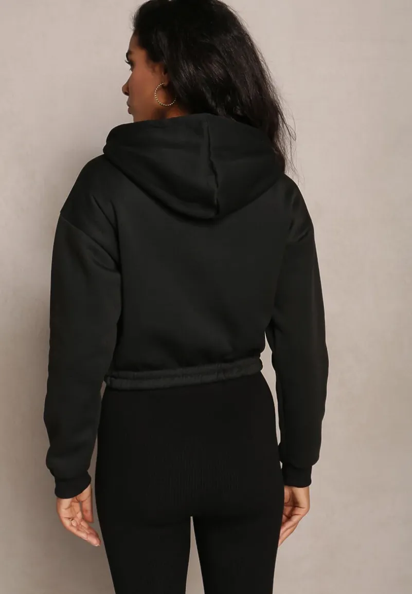 Czarna Krótka Bluza z Kapturem Ściągaczami i Ozdobnym Nadrukiem Relis