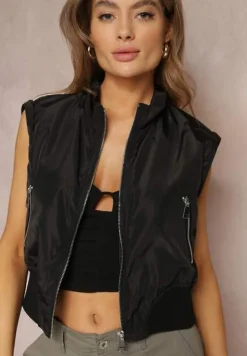 Czarna Krótka Kurtka Bomberka z Odpinanymi Rękawami Livianna