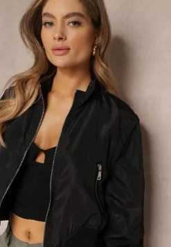 Czarna Krótka Kurtka Bomberka z Odpinanymi Rękawami Livianna