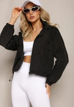 Czarna Krótka Kurtka w Typie Wiatrówki z Kapturem Herradia