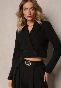 Czarna Krótka Marynarka z Poduszkami w Ramionach Eclinta