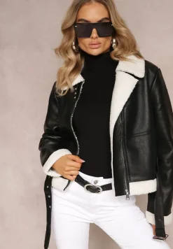Czarna Kurtka Biker z Ozdobnym Futerkiem i Paskiem Moela