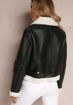 Czarna Kurtka Biker z Ozdobnym Futerkiem i Paskiem Moela