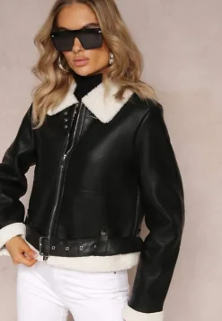 Czarna Kurtka Biker z Ozdobnym Futerkiem i Paskiem Moela