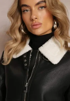 Czarna Kurtka Biker z Ozdobnym Futerkiem i Paskiem Moela