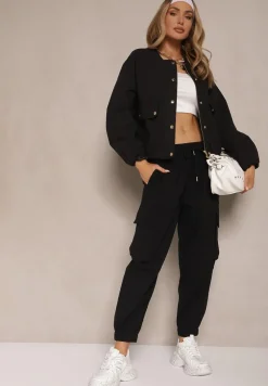 Czarna Kurtka Bomberka o Koszulowym Fasonie z Napami Ronesia