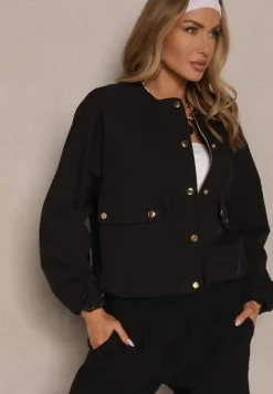 Czarna Kurtka Bomberka o Koszulowym Fasonie z Napami Ronesia