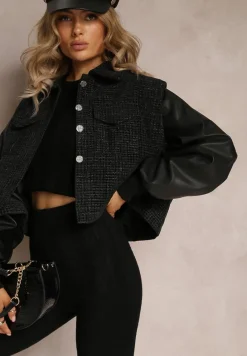 Czarna Kurtka Bomberka z Ozdobnymi Rękawami i Guzikami Elipmar