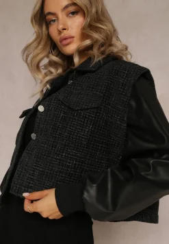 Czarna Kurtka Bomberka z Ozdobnymi Rękawami i Guzikami Elipmar