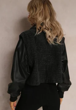 Czarna Kurtka Bomberka z Ozdobnymi Rękawami i Guzikami Elipmar