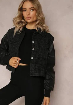 Czarna Kurtka Bomberka z Ozdobnymi Rękawami i Guzikami Elipmar