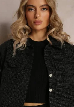 Czarna Kurtka Bomberka z Ozdobnymi Rękawami i Guzikami Elipmar