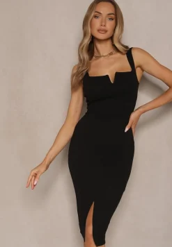 Czarna Sukienka Typu Bodycon z Ozdobnym Wycięciem Lenavine