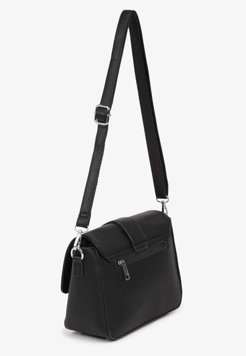 Czarna Torebka Typu Listonoszka z Klapą Zdobiona Aplikacją Niraline